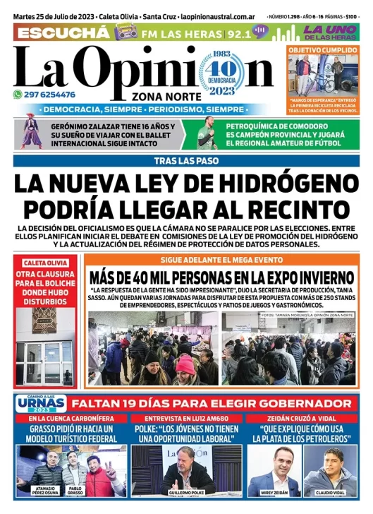 Diario La Opinión Zona Norte tapa edición impresa del martes 25 de julio de 2023, Caleta Olivia, Santa Cruz, Argentina