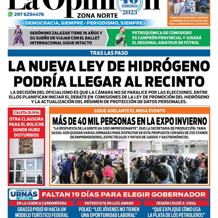 Diario La Opinión Zona Norte tapa edición impresa del martes 25 de julio de 2023, Caleta Olivia, Santa Cruz, Argentina