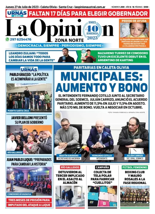 Diario La Opinión Zona Norte tapa edición impresa del jueves 27 de julio de 2023, Caleta Olivia, Santa Cruz, Argentina