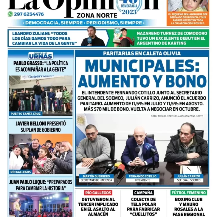 Diario La Opinión Zona Norte tapa edición impresa del jueves 27 de julio de 2023, Caleta Olivia, Santa Cruz, Argentina