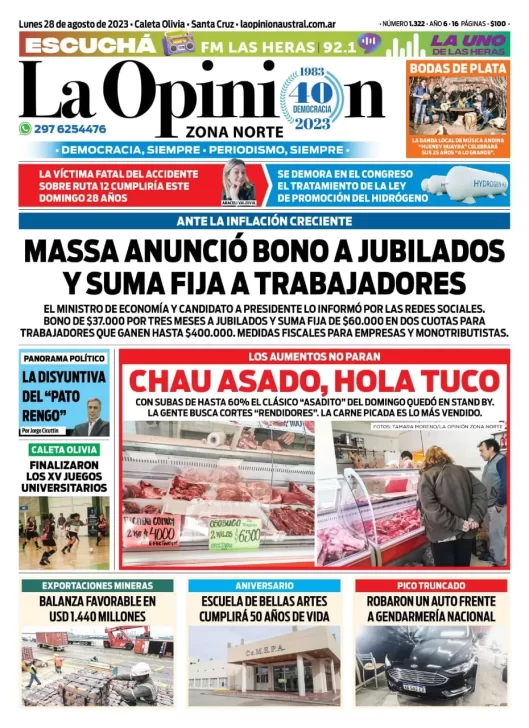 Diario La Opinión Zona Norte tapa edición impresa del lunes 28 de agosto de 2023, Caleta Olivia, Santa Cruz, Argentina
