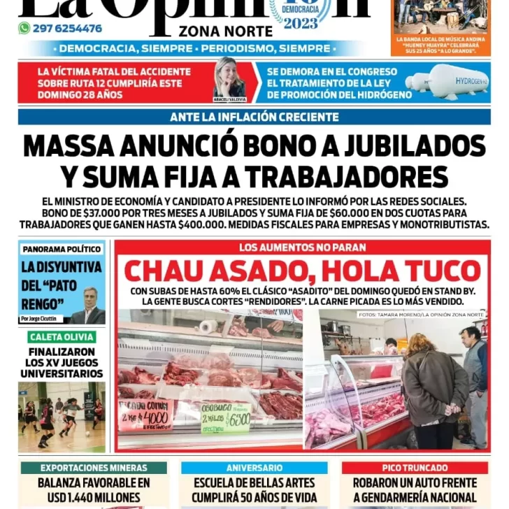 Diario La Opinión Zona Norte tapa edición impresa del lunes 28 de agosto de 2023, Caleta Olivia, Santa Cruz, Argentina