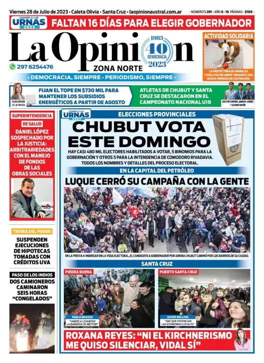 Diario La Opinión Zona Norte tapa edición impresa del viernes 28 de julio de 2023, Caleta Olivia, Santa Cruz, Argentina