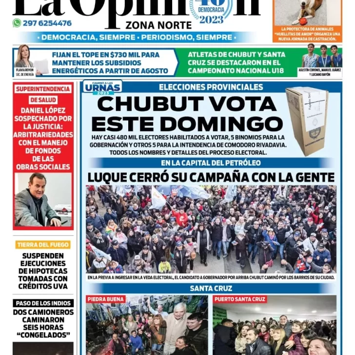 Diario La Opinión Zona Norte tapa edición impresa del viernes 28 de julio de 2023, Caleta Olivia, Santa Cruz, Argentina