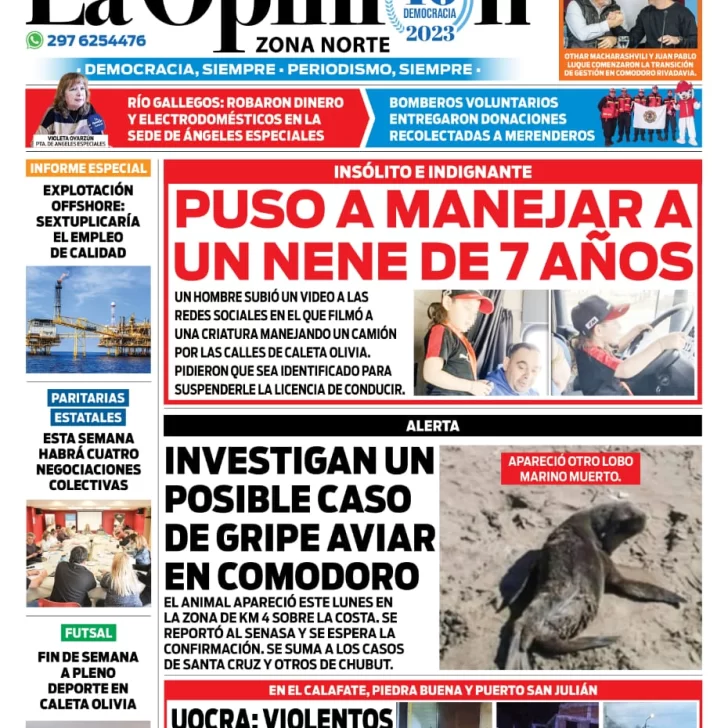 Diario La Opinión Zona Norte tapa edición impresa del martes 29 de agosto de 2023, Caleta Olivia, Santa Cruz, Argentina