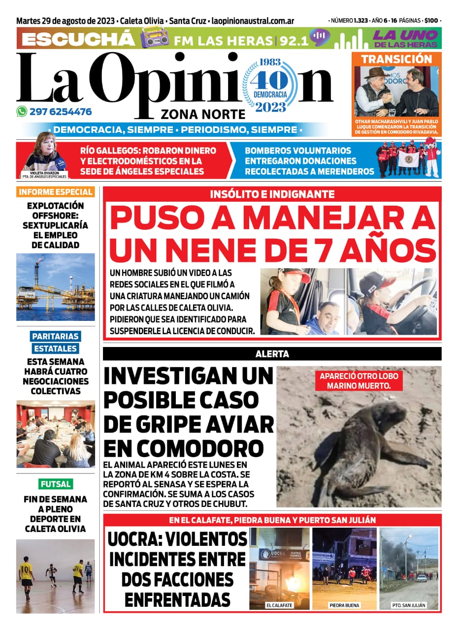 Diario La Opinión Zona Norte tapa edición impresa del martes 29 de agosto de 2023, Caleta Olivia, Santa Cruz, Argentina