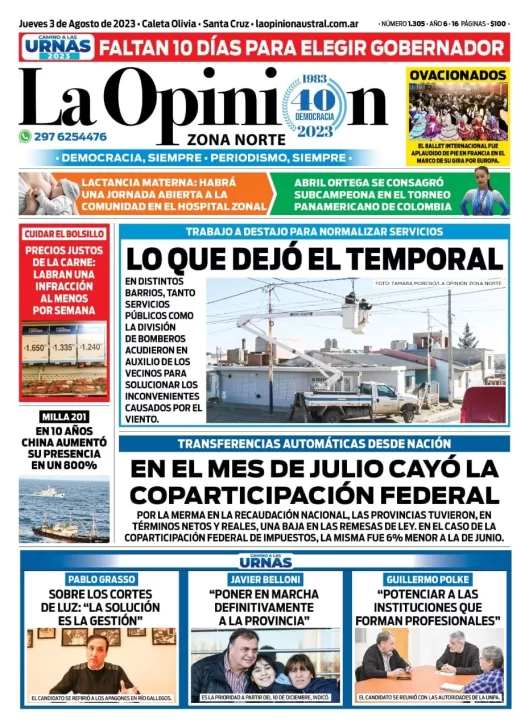 Diario La Opinión Zona Norte tapa edición impresa del jueves 3 de agosto de 2023, Caleta Olivia, Santa Cruz, Argentina