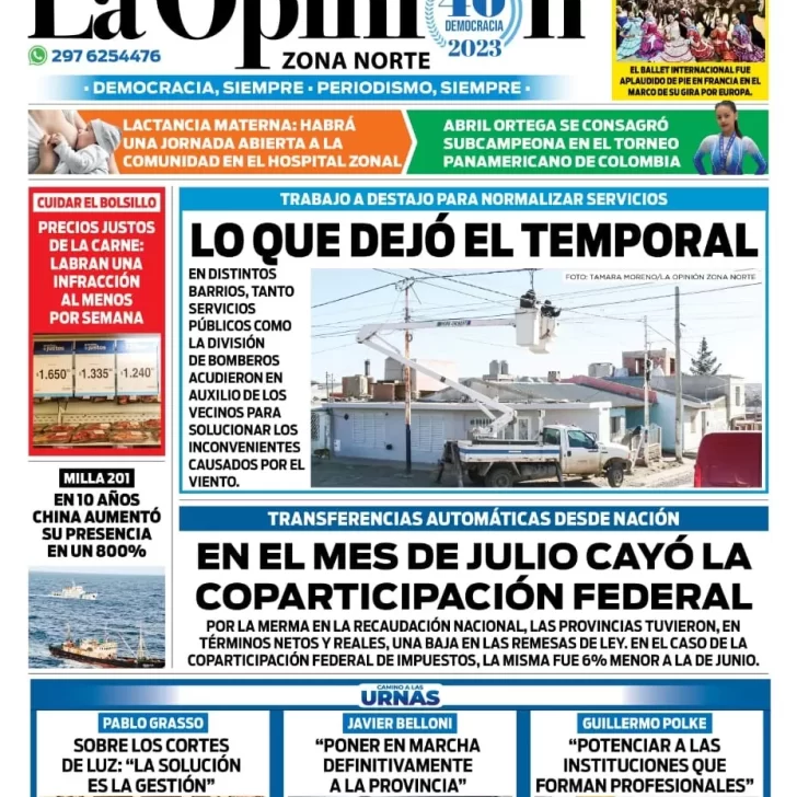 Diario La Opinión Zona Norte tapa edición impresa del jueves 3 de agosto de 2023, Caleta Olivia, Santa Cruz, Argentina