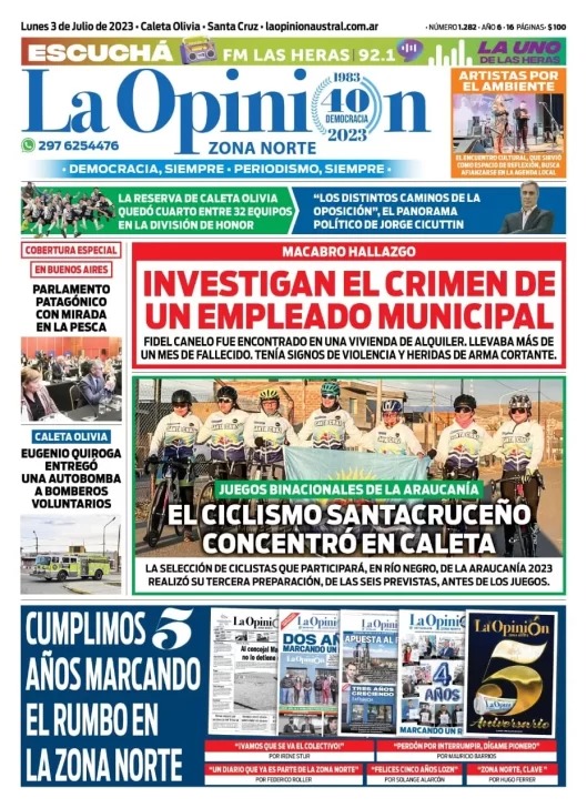 Diario La Opinión Zona Norte tapa edición impresa del lunes 3 de julio de 2023, Caleta Olivia, Santa Cruz, Argentina