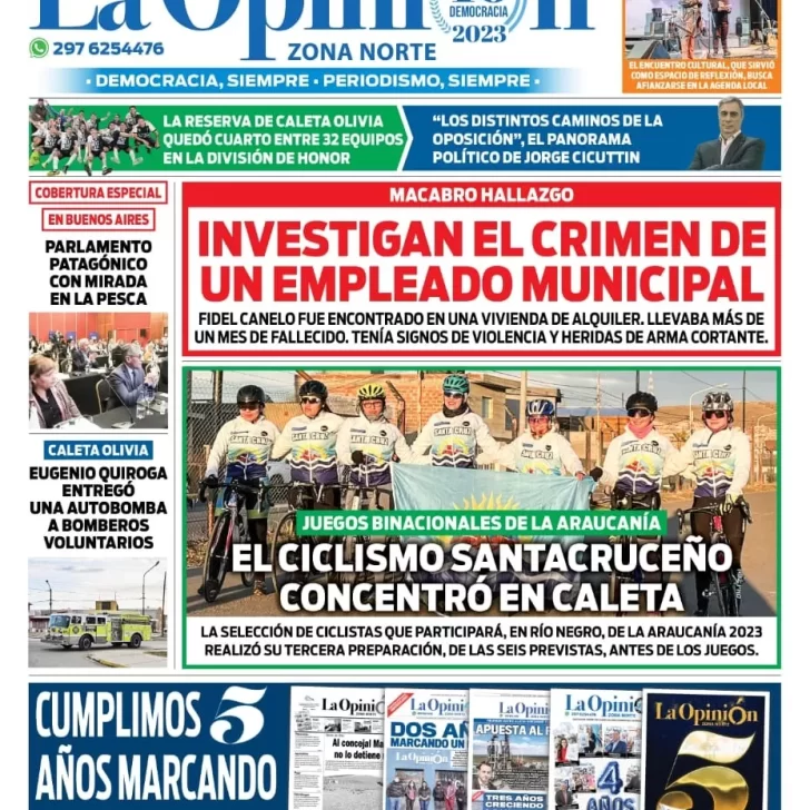 Diario La Opinión Zona Norte tapa edición impresa del lunes 3 de julio de 2023, Caleta Olivia, Santa Cruz, Argentina