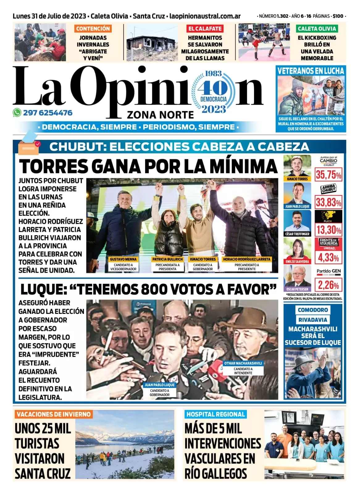 Diario La Opinión Zona Norte tapa edición impresa del lunes 31 de julio de 2023, Caleta Olivia, Santa Cruz, Argentina