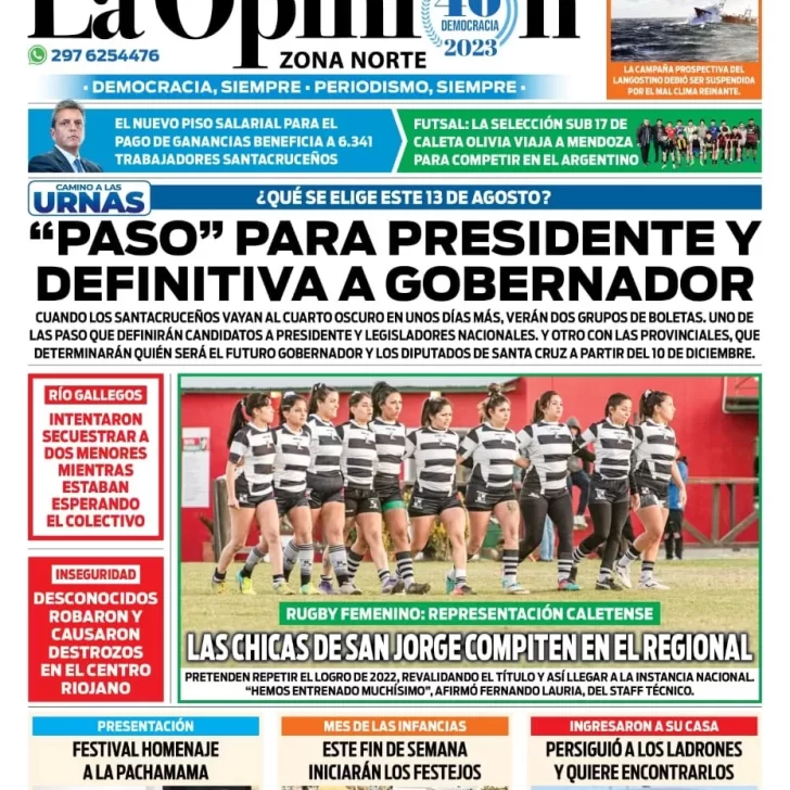 Diario La Opinión Zona Norte tapa edición impresa del viernes 4 de agosto de 2023, Caleta Olivia, Santa Cruz, Argentina