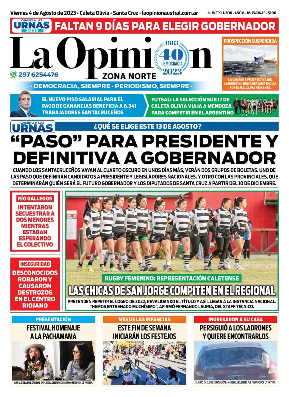 Diario La Opinión Zona Norte tapa edición impresa del viernes 4 de agosto de 2023, Caleta Olivia, Santa Cruz, Argentina