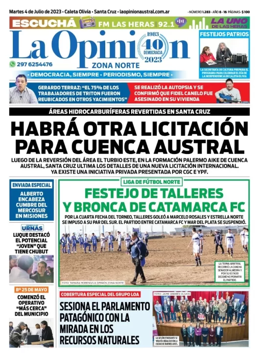 Diario La Opinión Zona Norte tapa edición impresa del martes 4 de julio de 2023, Caleta Olivia, Santa Cruz, Argentina