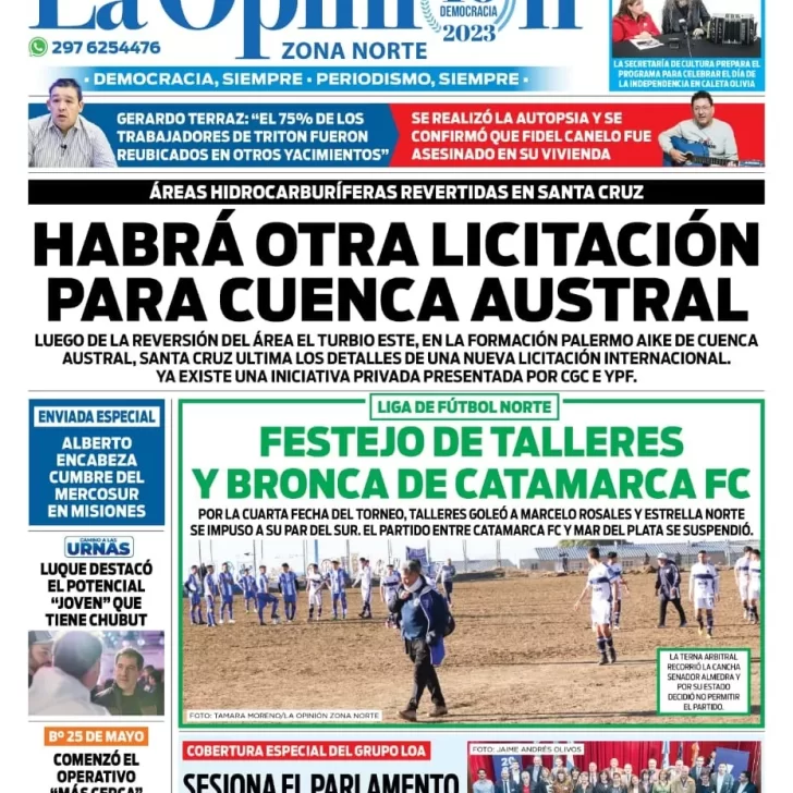 Diario La Opinión Zona Norte tapa edición impresa del martes 4 de julio de 2023, Caleta Olivia, Santa Cruz, Argentina