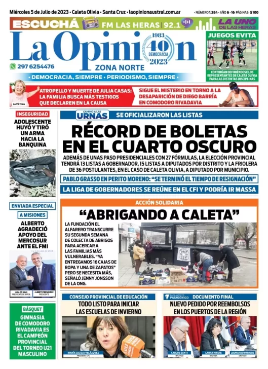 Diario La Opinión Zona Norte tapa edición impresa del miércoles 5 de julio de 2023, Caleta Olivia, Santa Cruz, Argentina