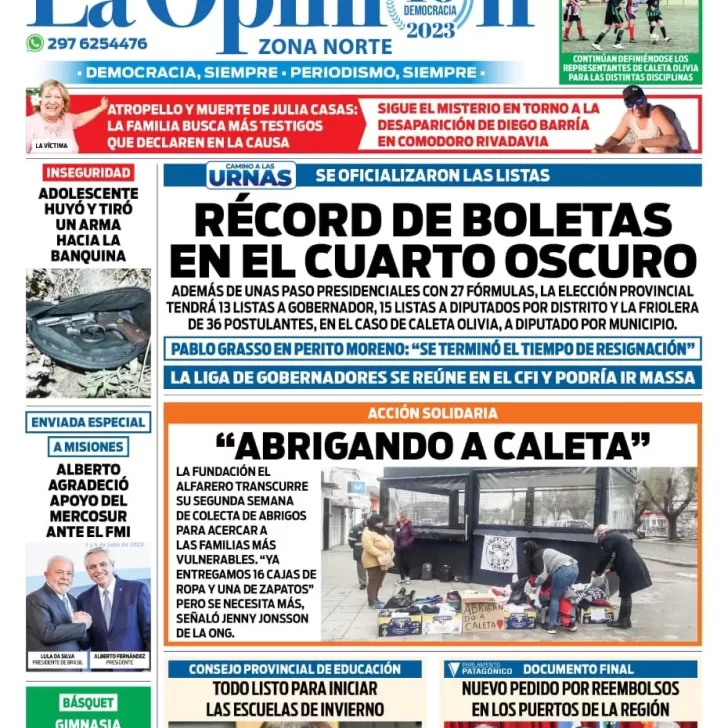 Diario La Opinión Zona Norte tapa edición impresa del miércoles 5 de julio de 2023, Caleta Olivia, Santa Cruz, Argentina