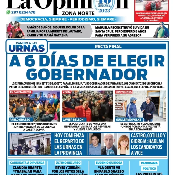 Diario La Opinión Zona Norte tapa edición impresa del lunes 7 de agosto de 2023, Caleta Olivia, Santa Cruz, Argentina Diario La Opinión Zona Norte tapa edición impresa del lunes 7 de agosto de 2023, Caleta Olivia, Santa Cruz, Argentina