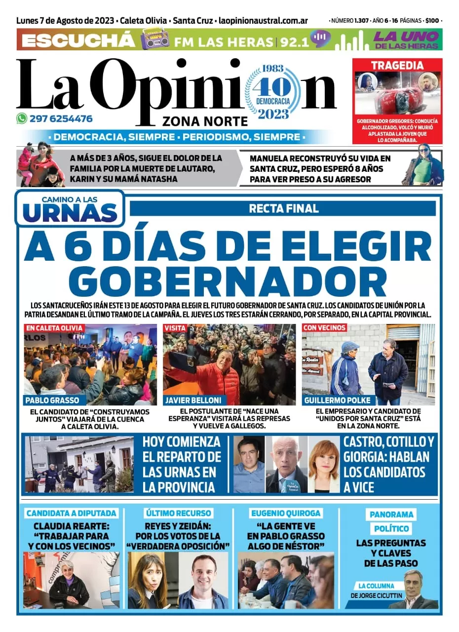 Diario La Opinión Zona Norte tapa edición impresa del lunes 7 de agosto de 2023, Caleta Olivia, Santa Cruz, Argentina Diario La Opinión Zona Norte tapa edición impresa del lunes 7 de agosto de 2023, Caleta Olivia, Santa Cruz, Argentina