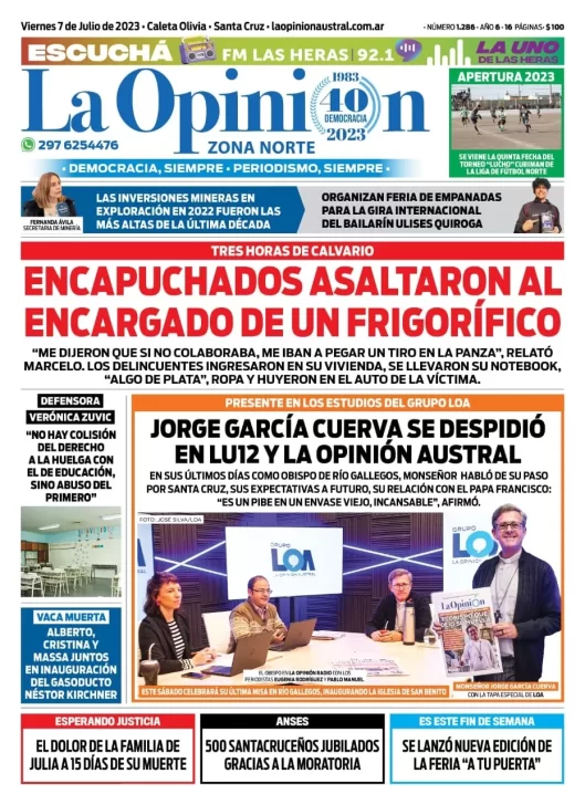 Diario La Opinión Zona Norte tapa edición impresa del viernes 7 de julio de 2023, Caleta Olivia, Santa Cruz, Argentina