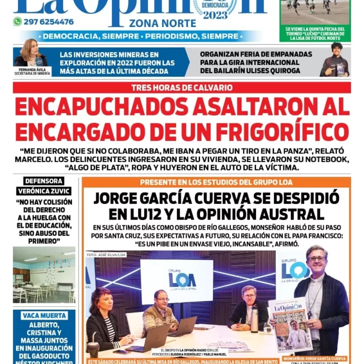 Diario La Opinión Zona Norte tapa edición impresa del viernes 7 de julio de 2023, Caleta Olivia, Santa Cruz, Argentina