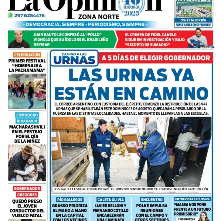 Diario La Opinión Zona Norte tapa edición impresa del martes 8 de agosto de 2023, Caleta Olivia, Santa Cruz, Argentina