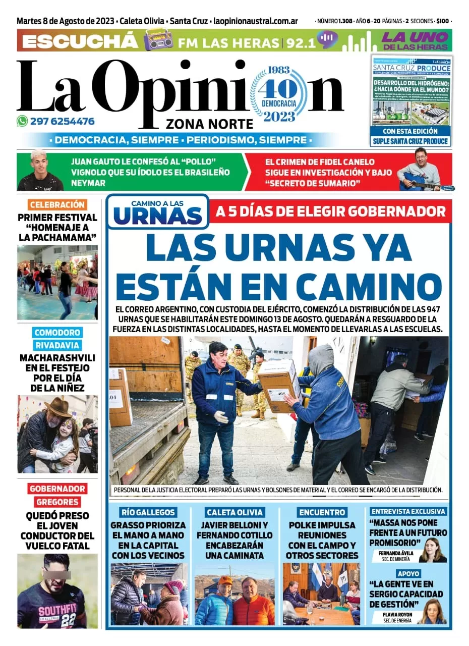 Diario La Opinión Zona Norte tapa edición impresa del martes 8 de agosto de 2023, Caleta Olivia, Santa Cruz, Argentina