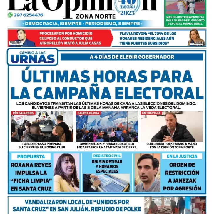Diario La Opinión Zona Norte tapa edición impresa del miércoles 9 de agosto de 2023, Caleta Olivia, Santa Cruz, Argentina