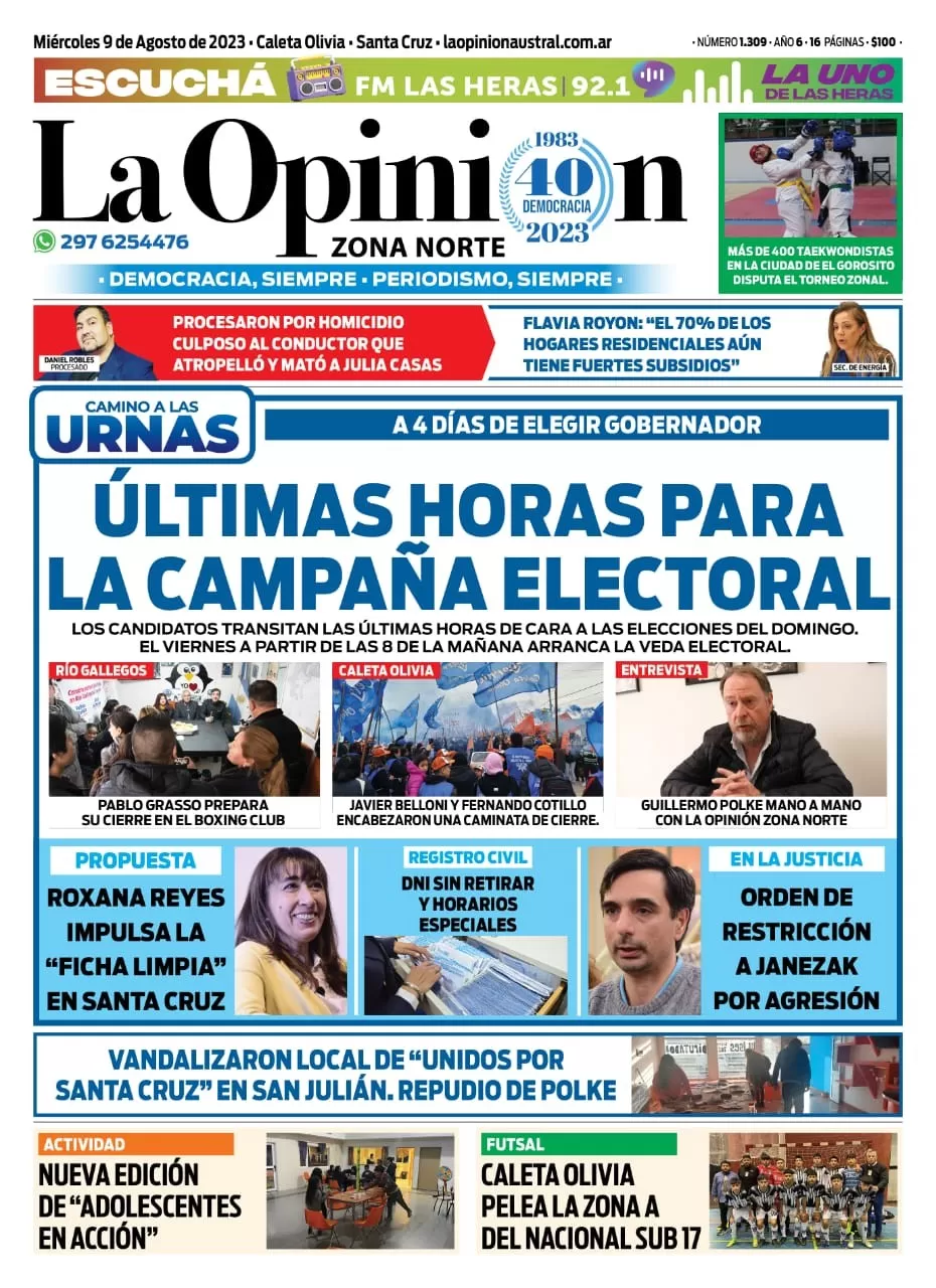 Diario La Opinión Zona Norte tapa edición impresa del miércoles 9 de agosto de 2023, Caleta Olivia, Santa Cruz, Argentina