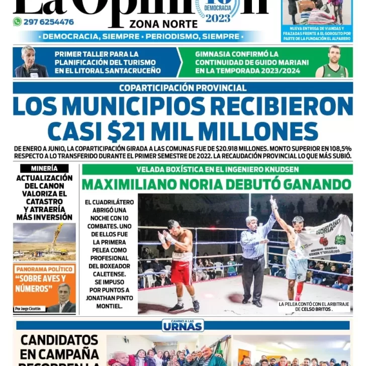 Diario La Opinión Zona Norte tapa edición impresa del lunes 17 de julio de 2023, Caleta Olivia, Santa Cruz, Argentina — Borrador