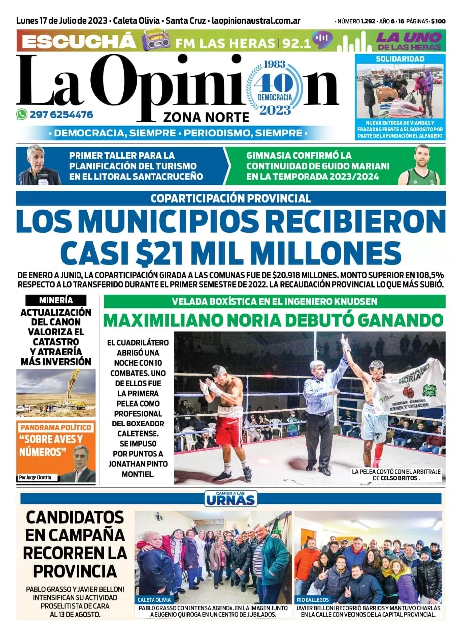 Diario La Opinión Zona Norte tapa edición impresa del lunes 17 de julio de 2023, Caleta Olivia, Santa Cruz, Argentina — Borrador