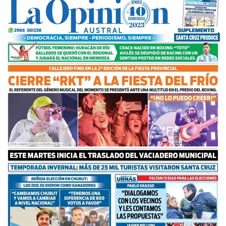 Diario La Opinión Austral tapa edición impresa del lunes 31 de julio de 2023, Río Gallegos, Santa Cruz, Argentina