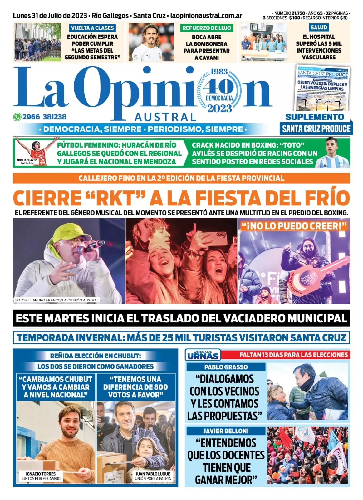 Diario La Opinión Austral tapa edición impresa del lunes 31 de julio de 2023, Río Gallegos, Santa Cruz, Argentina