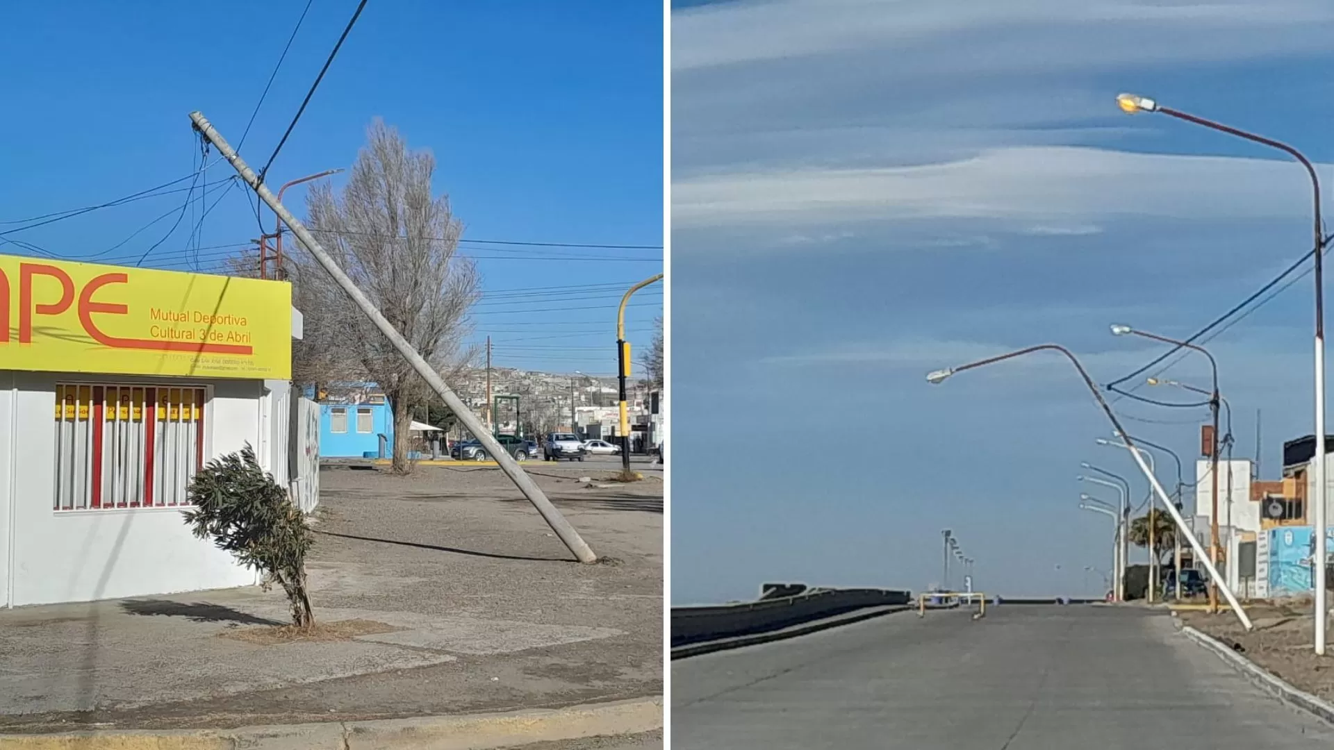Temporal de viento en Comodoro: postes de luz caídos y destrozos en toda la ciudad