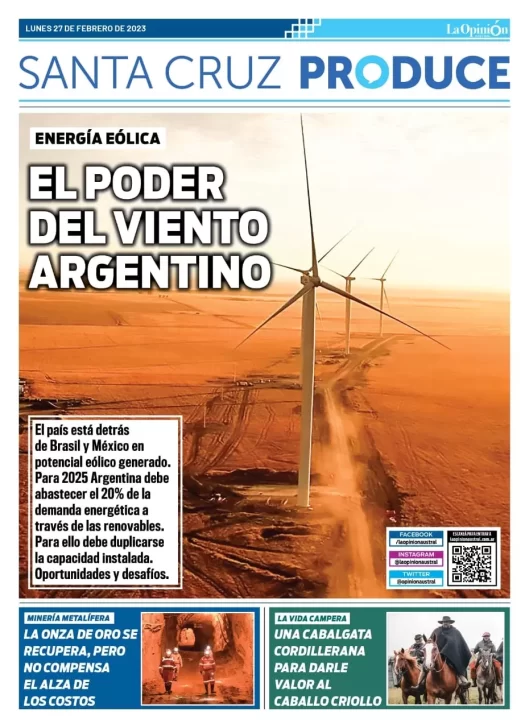 Tapa suplemento Santa Cruz Produce, El Poder del Viento Argentino, del lunes 27 de febrero de 2023