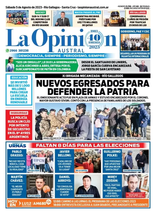 Diario La Opinión Austral tapa edición impresa del sábado 5 de agosto de 2023, Río Gallegos, Santa Cruz, Argentina