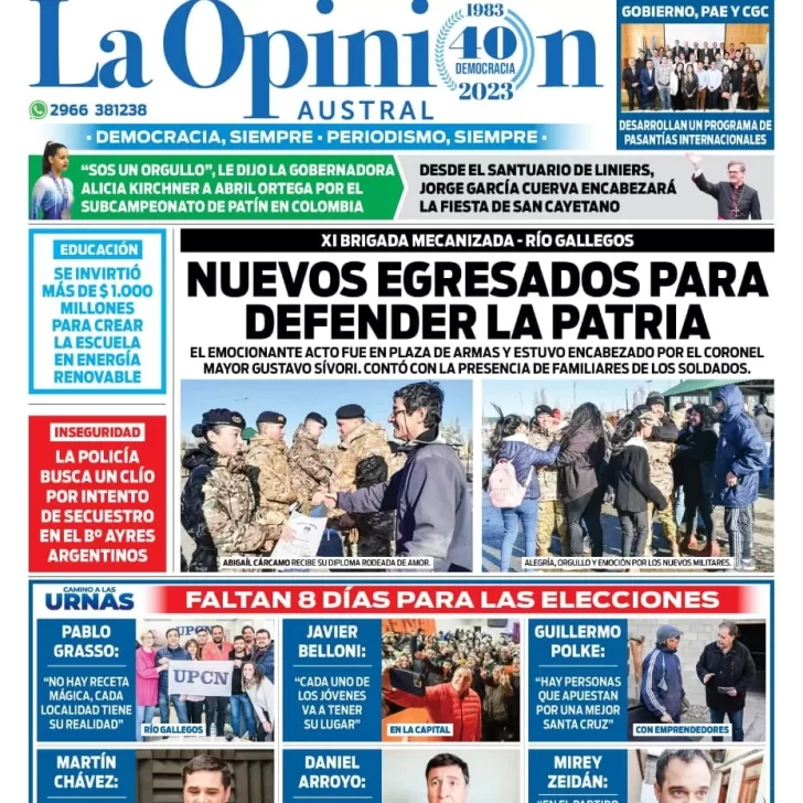 Diario La Opinión Austral tapa edición impresa del sábado 5 de agosto de 2023, Río Gallegos, Santa Cruz, Argentina