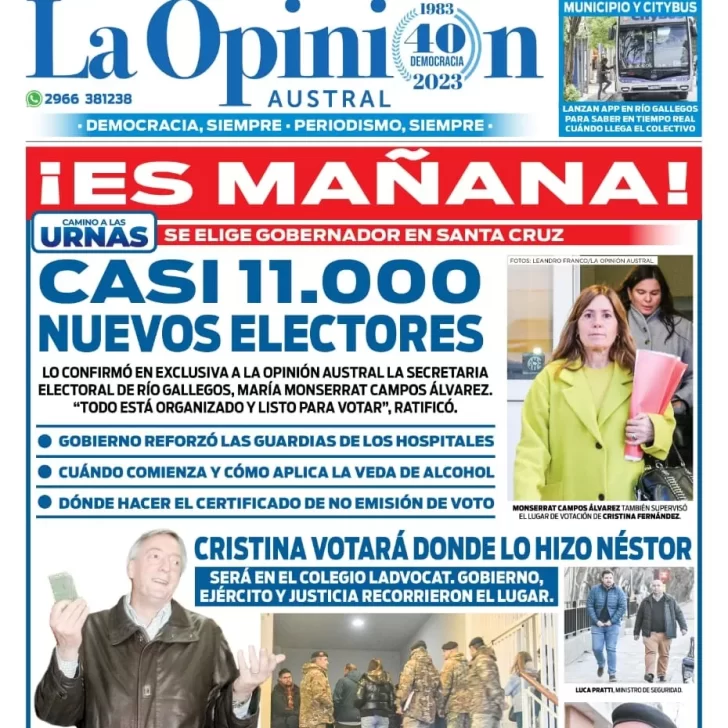 Diario La Opinión Austral tapa edición impresa del sábado 12 de agosto de 2023, Río Gallegos, Santa Cruz, Argentina