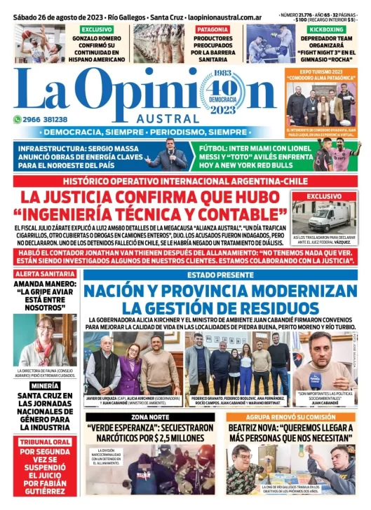 Diario La Opinión Austral tapa edición impresa del sábado 26 de agosto de 2023, Río Gallegos, Santa Cruz, Argentina