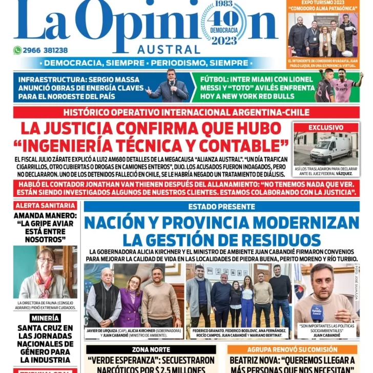 Diario La Opinión Austral tapa edición impresa del sábado 26 de agosto de 2023, Río Gallegos, Santa Cruz, Argentina