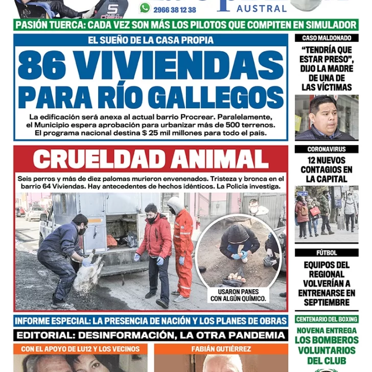 Diario La Opinión Austral edición impresa del 9 de agosto de 2020, Santa Cruz, Argentina