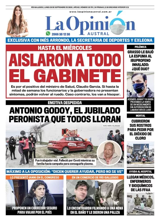 Diario La Opinión Austral tapa edición impresa del 28 de septiembre de 2020, Río Gallegos, Santa Cruz, Argentina