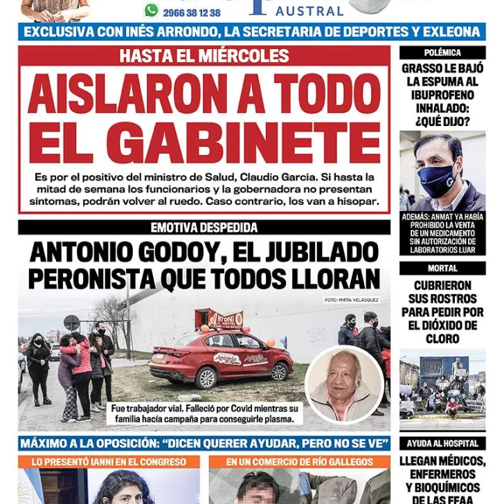 Diario La Opinión Austral tapa edición impresa del 28 de septiembre de 2020, Río Gallegos, Santa Cruz, Argentina