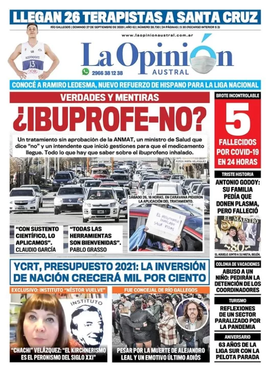 Diario La Opinión Austral tapa edición impresa del 27 de septiembre de 2020, Santa Cruz, Argentina