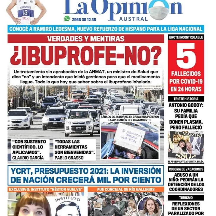 Diario La Opinión Austral tapa edición impresa del 27 de septiembre de 2020, Santa Cruz, Argentina