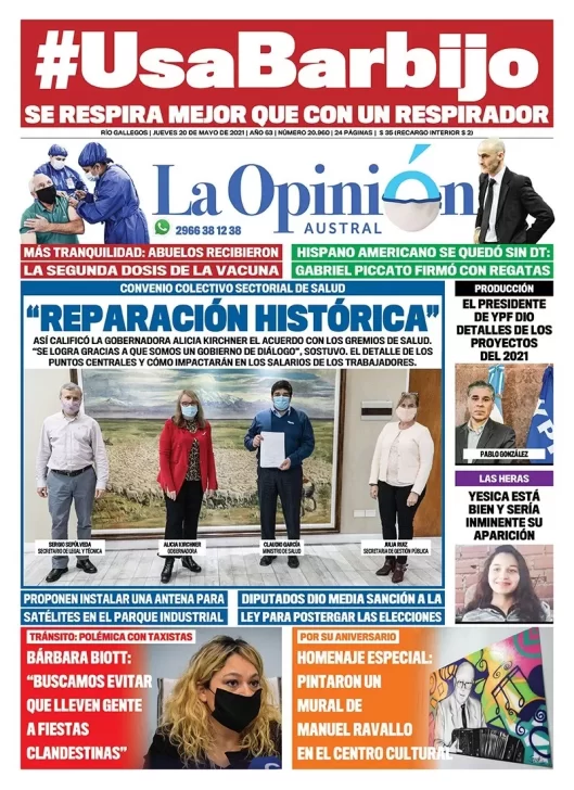 Diario La Opinión Austral tapa edición impresa del 20 de mayo de 2021 Río Gallegos, Santa Cruz, Argentina