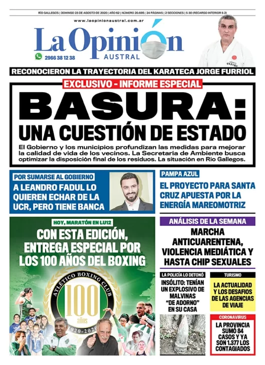 Diario La Opinión Austral edición impresa del 23 de agosto de 2020, Santa Cruz, Argentina
