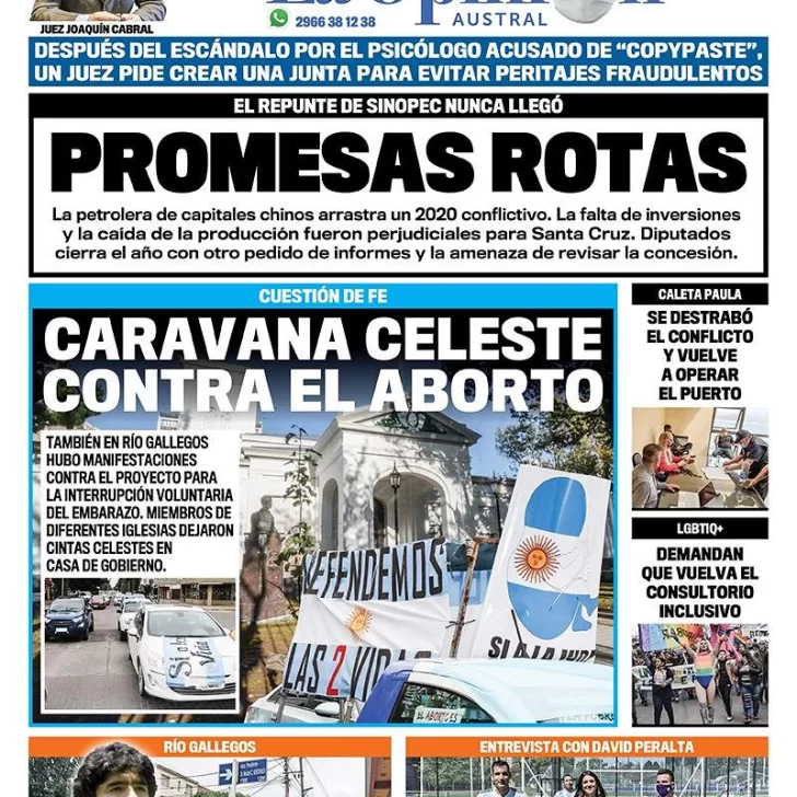 Diario La Opinión Austral tapa edición impresa del 29 de noviembre de 2020, Río Gallegos, Santa Cruz, Argentina