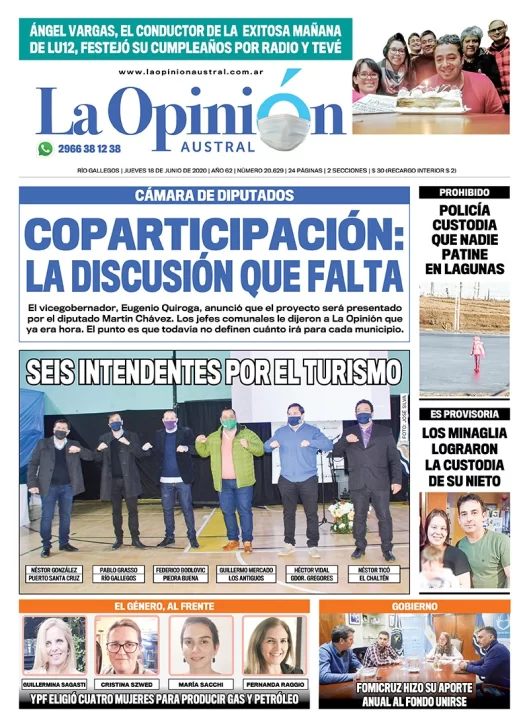 Diario La Opinión Austral edición impresa del 18 de junio de 2020, Santa Cruz, Argentina