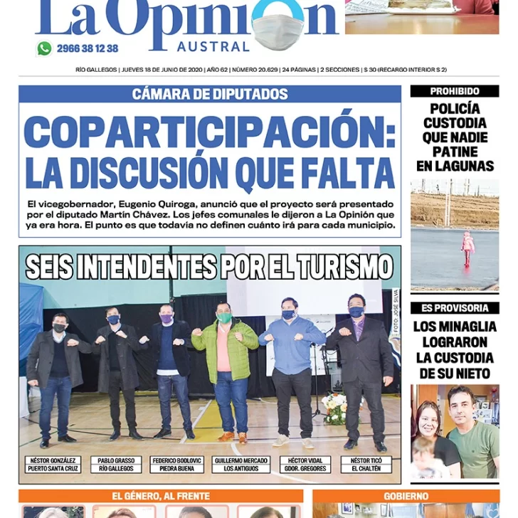 Diario La Opinión Austral edición impresa del 18 de junio de 2020, Santa Cruz, Argentina